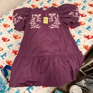 Entro Purple Dress With Floral Design On The Front/Sleeves Size Large NWT